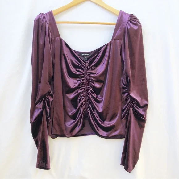 EXPRESS | LARGE DARK PURPLE VELVET RUCHED LONG SLEEVED BLOUSE TOP - Picture 2 of 6